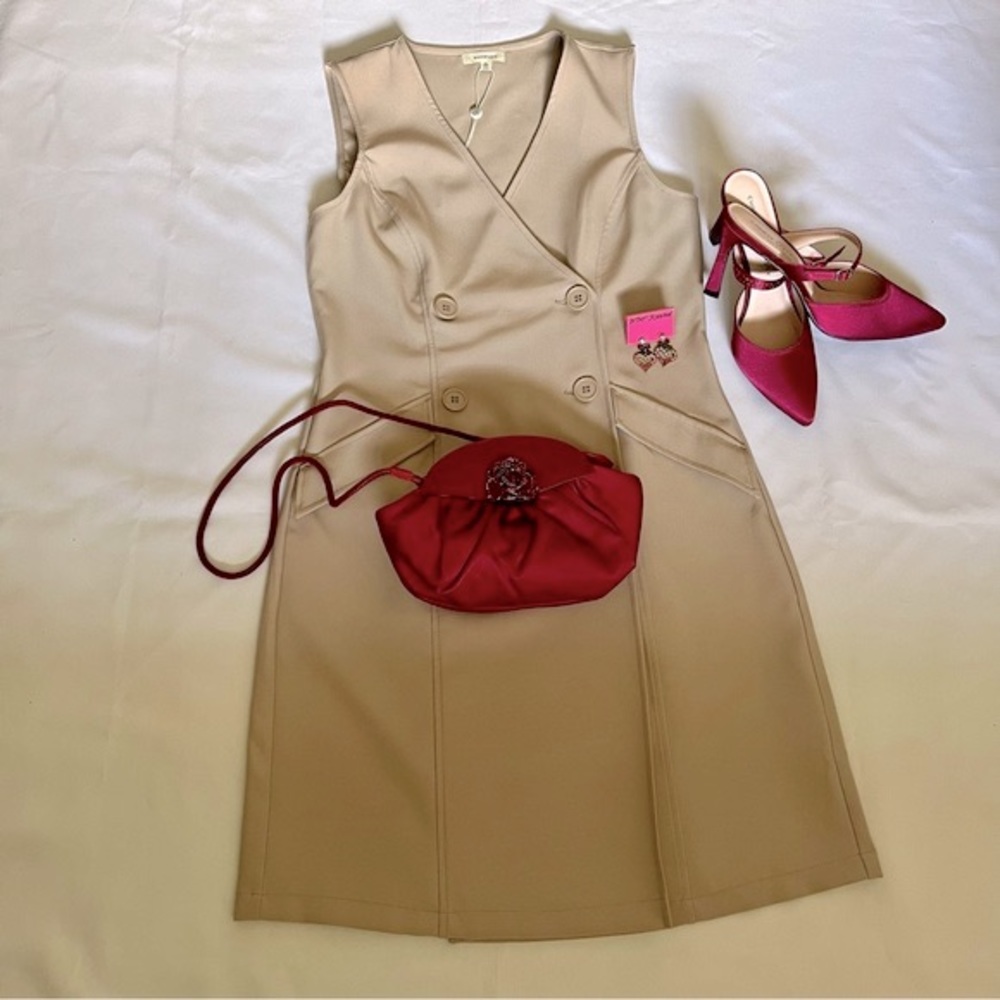 Max Studio Beige Sleeveless Double-Breasted Front Button Tuxedo Dress Size Med. - Picture 13 of 16